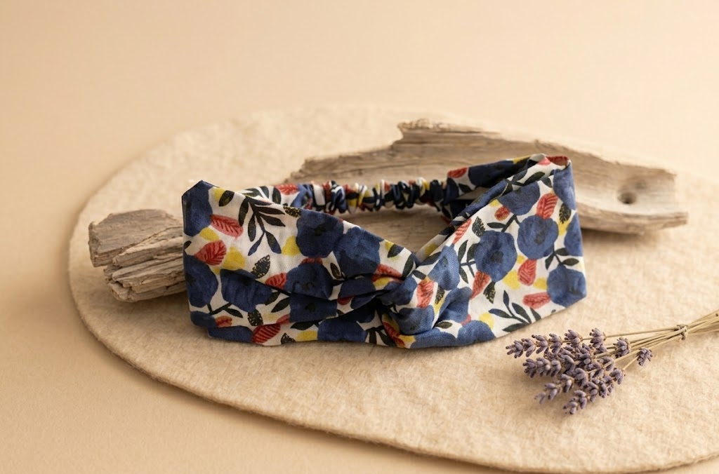 Bandeau croisé — Floral bleu marine, rouge brique & jaune