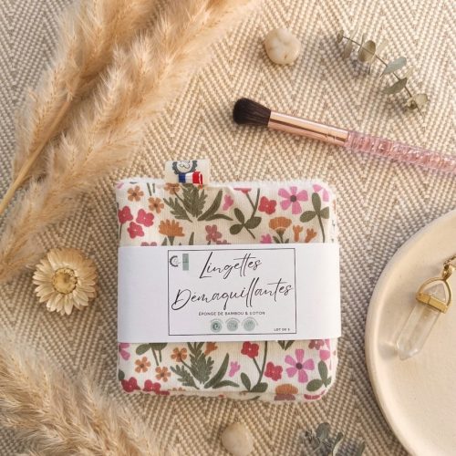 Lingettes démaquillantes réutilisables — Prairie fleurie rose & kaki